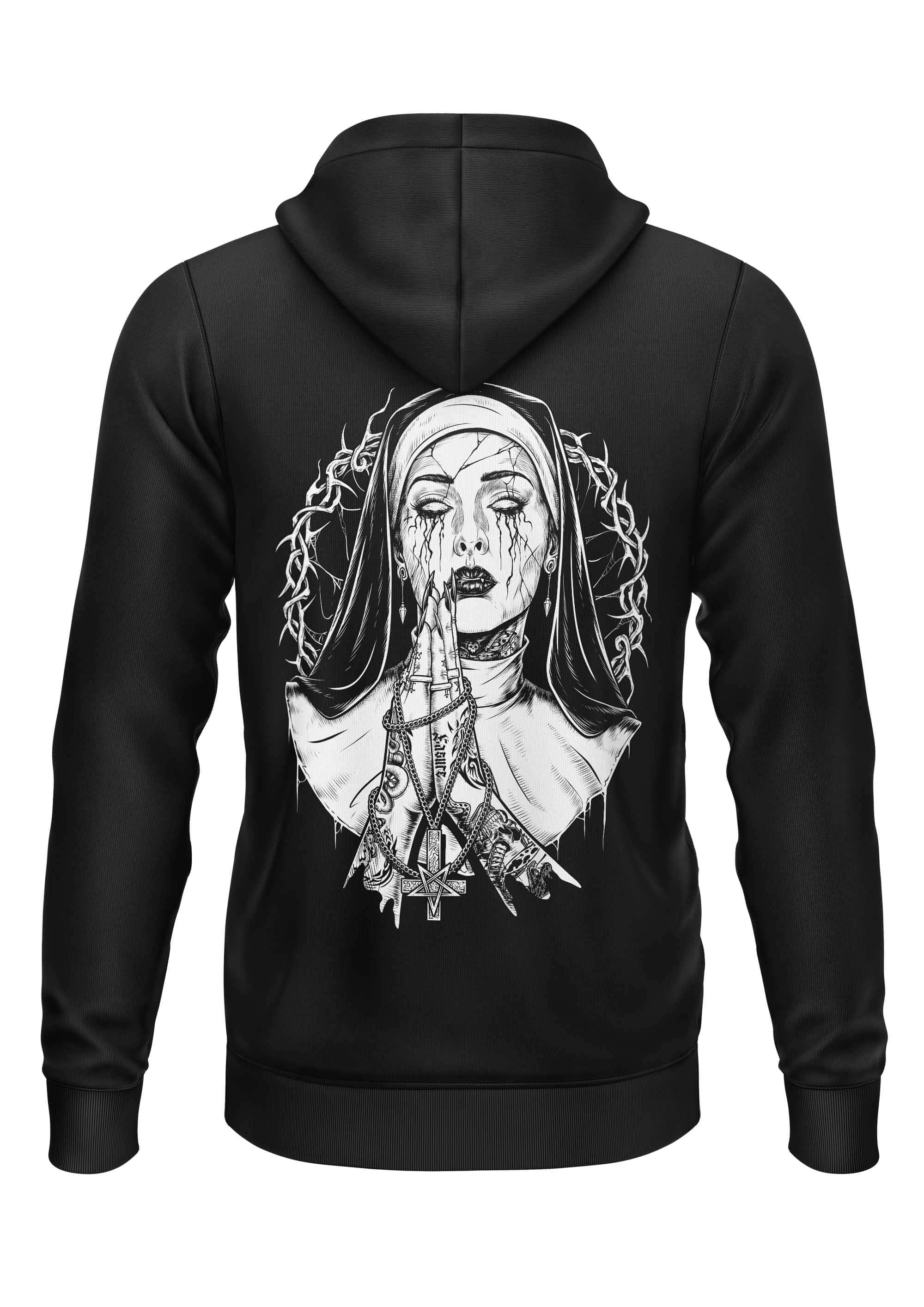 Schwarzer zipper hoodie mit gothic horror grafik einer nonne mit dornen und ketten demon nun bitte